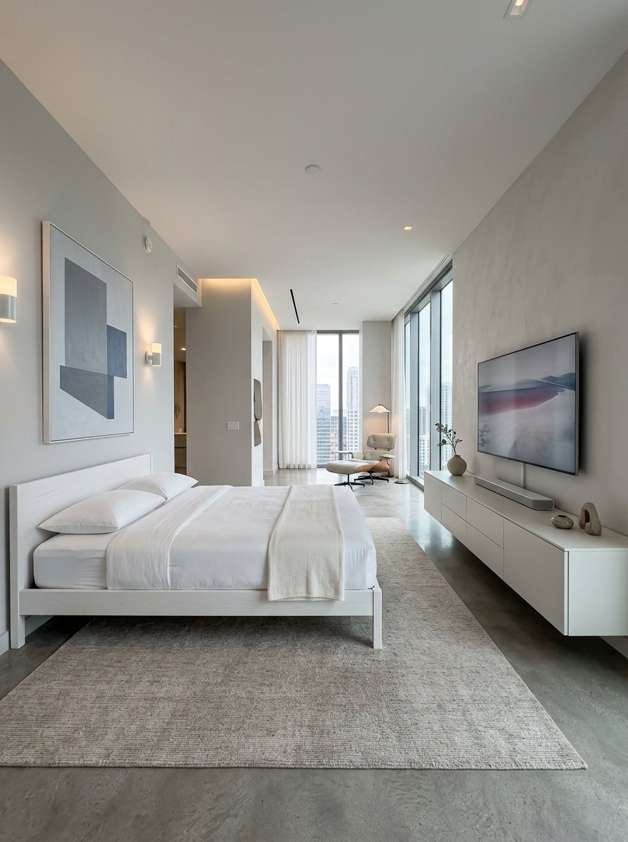 Bright, modern bedroom with a white bed, floating console, and city view through floor-to-ceiling windows.