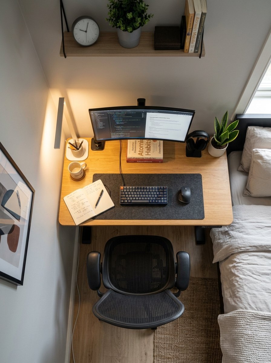 Overhead view of a desk with a computer monitor, mechanical keyboard, notebook, and plants in a small bedroom.