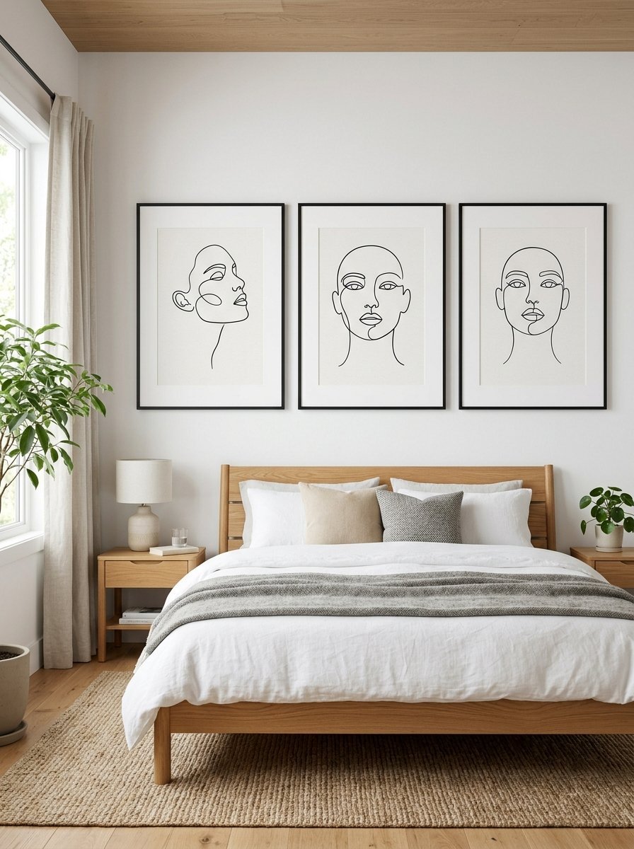 A modern bedroom with line art portraits on the wall above a neatly made white and grey bed.
