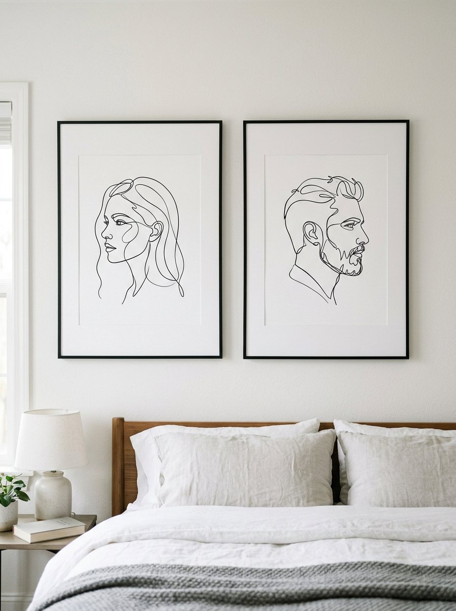 Two black and white minimalist line drawing portraits of a man and woman displayed in frames on a bedroom wall.