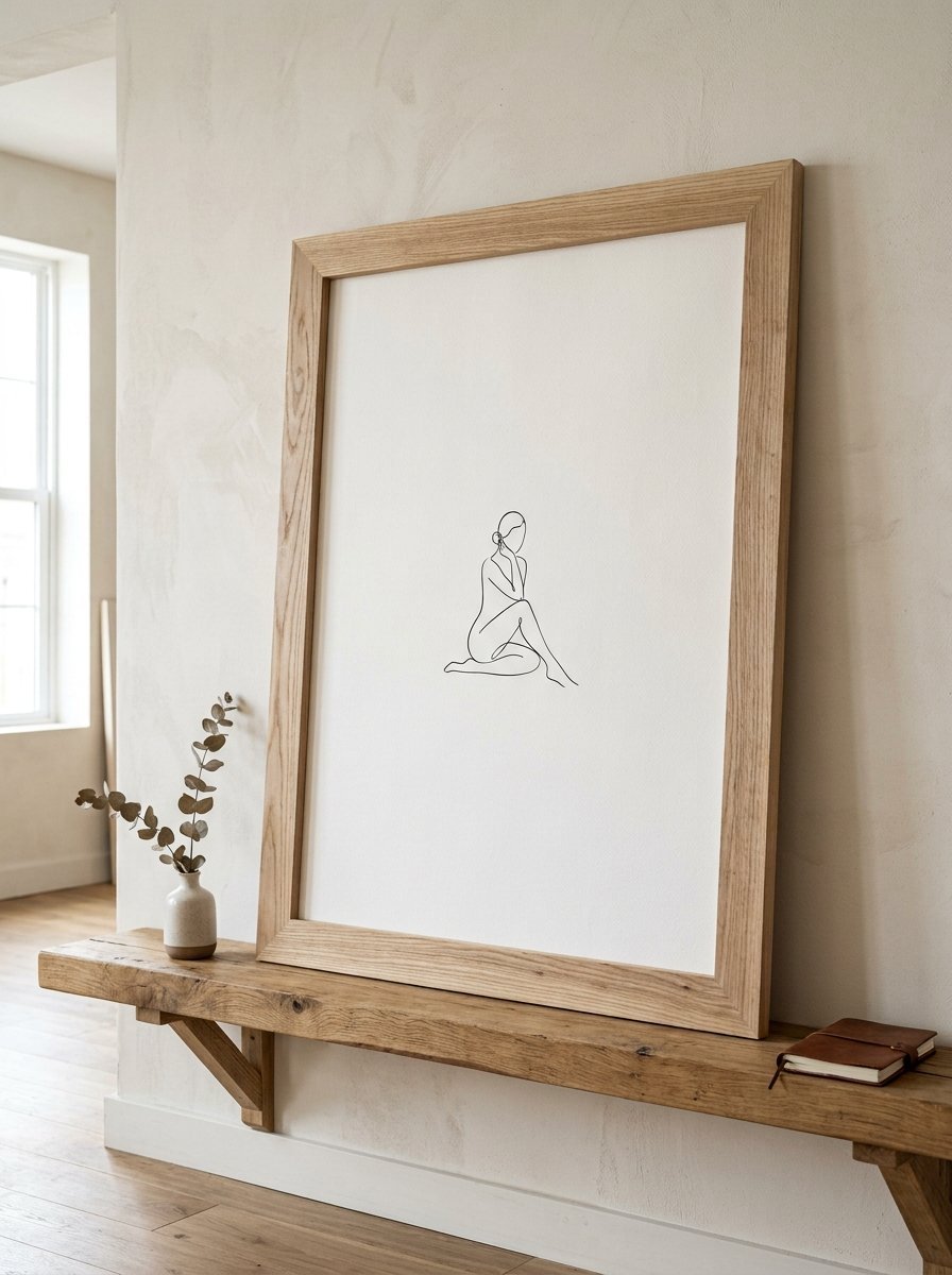 A framed line art drawing of a sitting woman resting on a rustic wooden bench with a small eucalyptus vase.