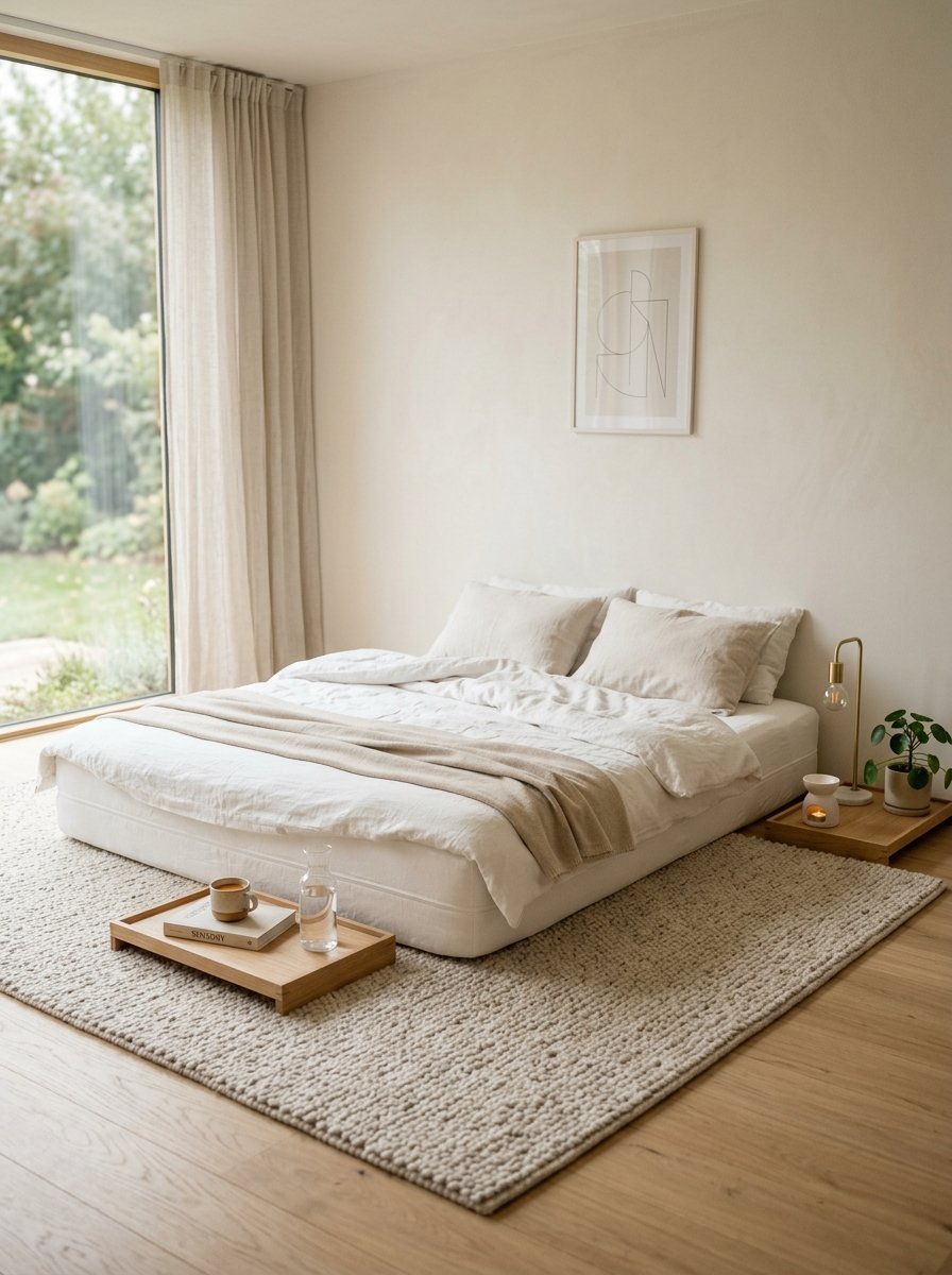 Low profile bed with cream bedding on a chunky wool rug inside a bright sunlit room with floor to ceiling windows.