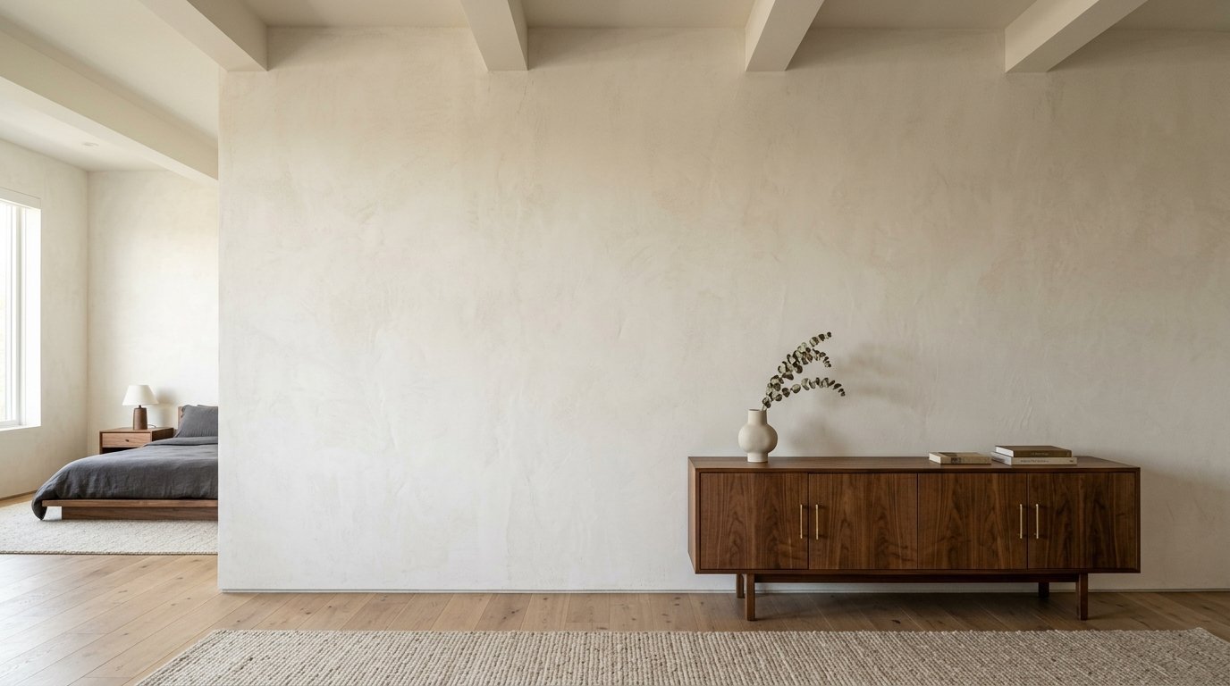 Wooden mid-century modern credenza with a white vase and eucalyptus sprig sits on light oak floors.
