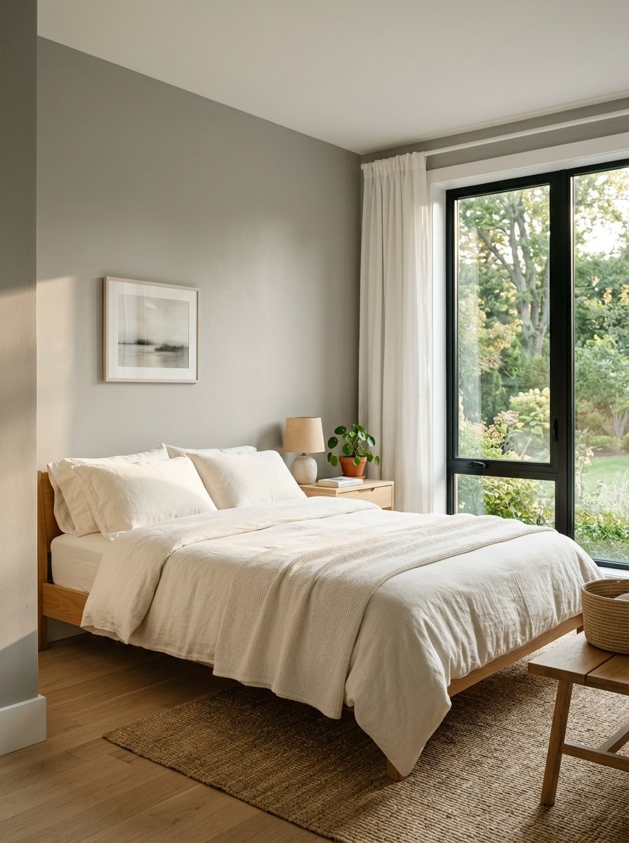 A serene bedroom with a light oak bed, cream bedding, and a woven rug overlooking a lush green garden.