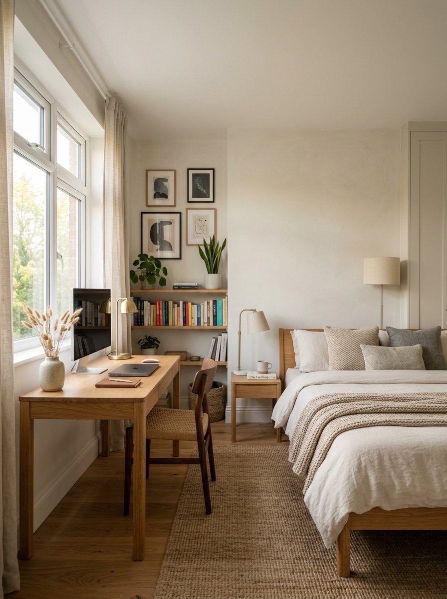 Neutral bedroom with a wooden desk, bookshelf, and double bed on a textured jute rug.
