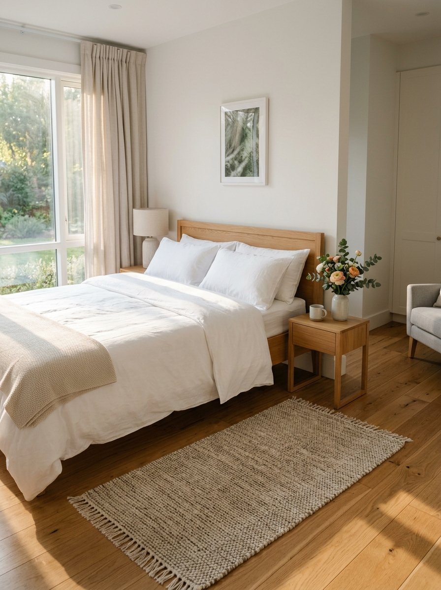 Sunny bedroom with oak bed frame, white bedding, jute rug, and fresh flowers on a wooden nightstand.