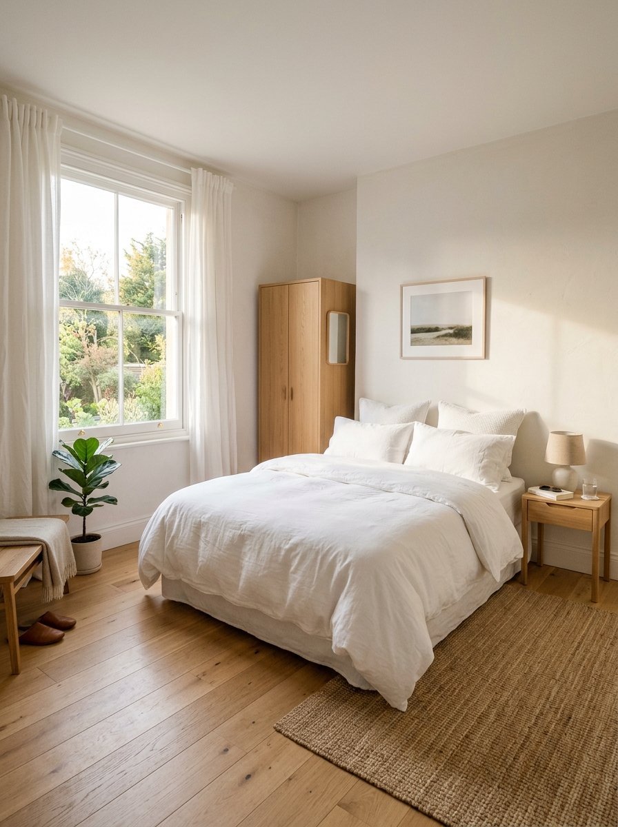 A calm bedroom with a white unmade bed, wooden armoire, and jute rug bathed in natural window light.