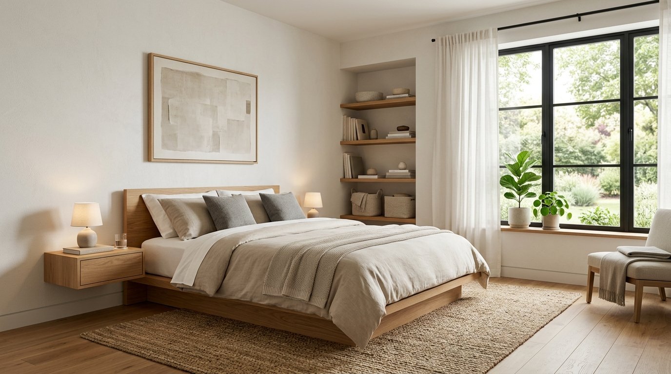 Modern bedroom with oak bed frame, floating nightstand, built-in shelving, and large windows with garden view.