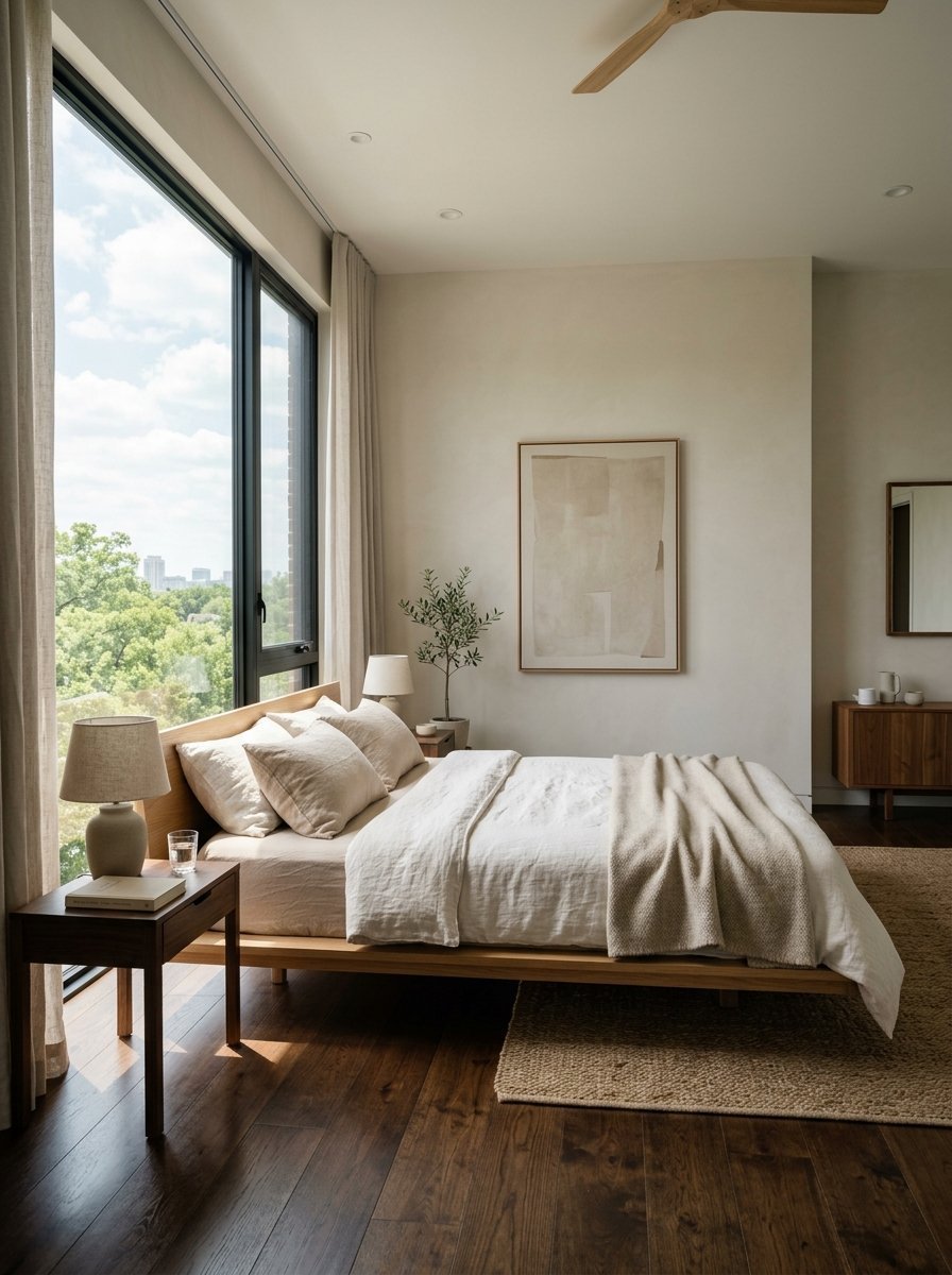 A wooden platform bed with beige bedding next to large windows overlooking a city forest.