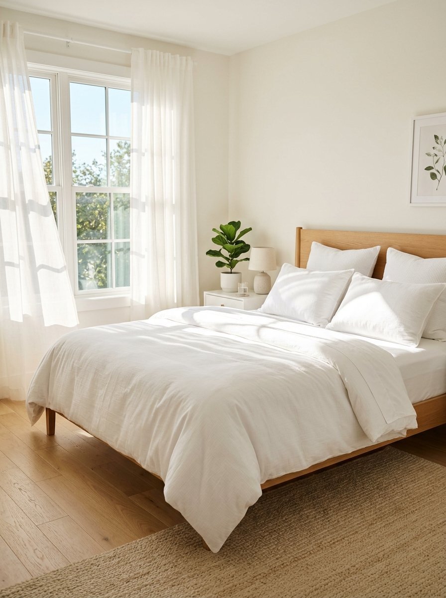 Bright bedroom with an oak wood bed frame, white textured comforter, and sheer curtains by a window.