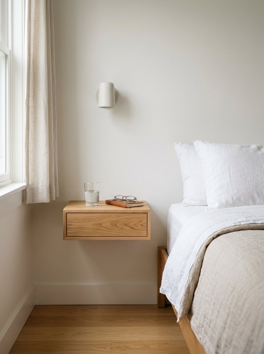 Floating wooden bedside drawer featuring a glass of water, leather-bound book, and spectacles.