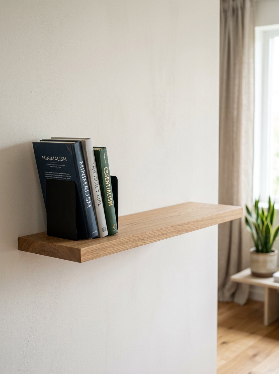 A simple wooden wall shelf displays three books between black bookends against a plain white interior wall.