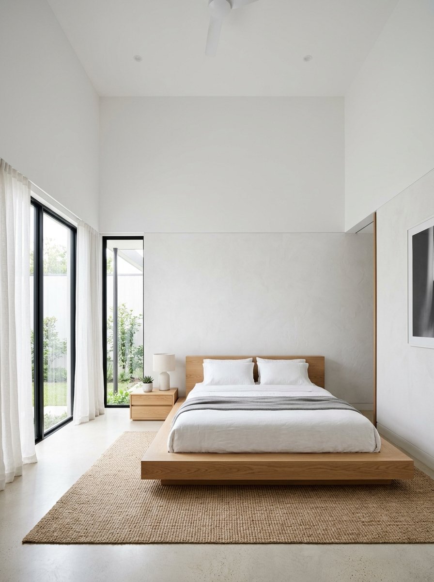 Low profile oak bed frame in a bright room with tall windows and a textured jute area rug.