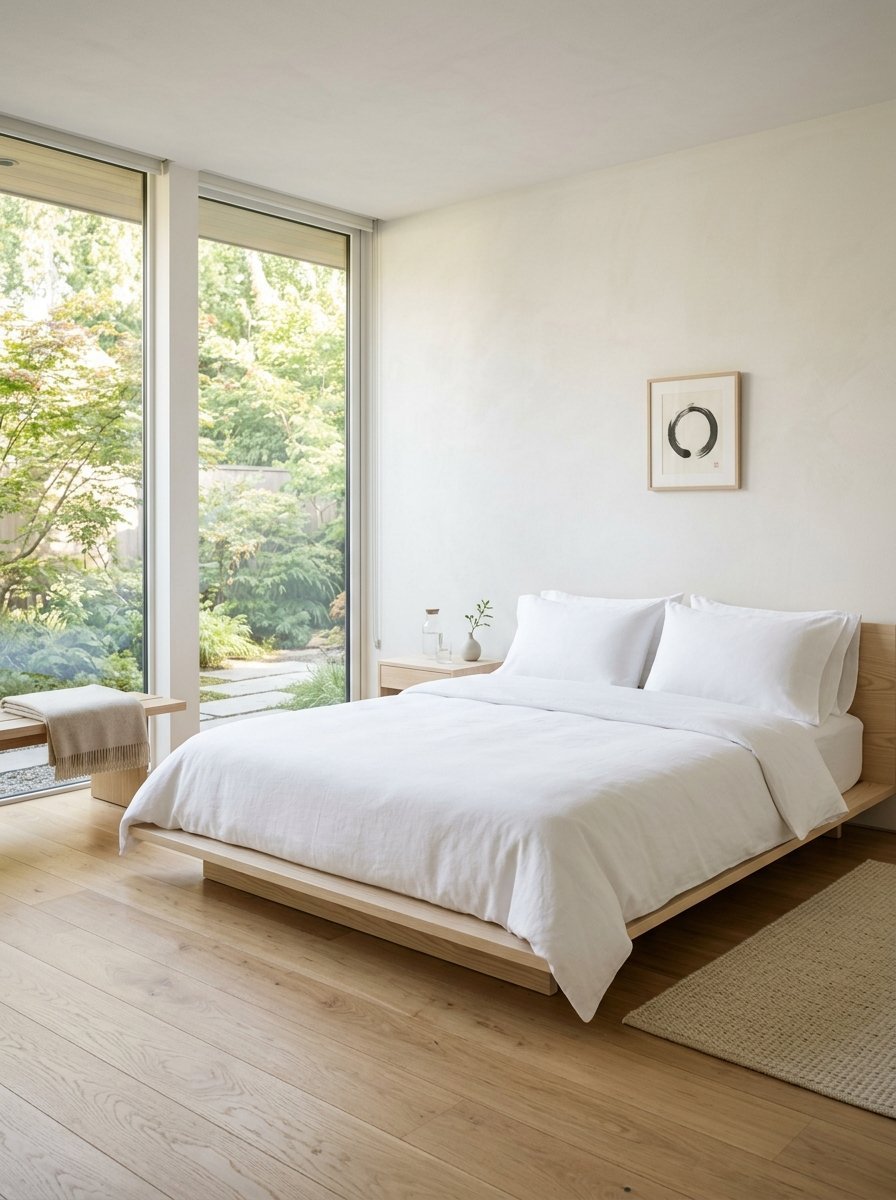 A serene bedroom featuring a white linen platform bed, light oak furniture, and floor-to-ceiling windows.