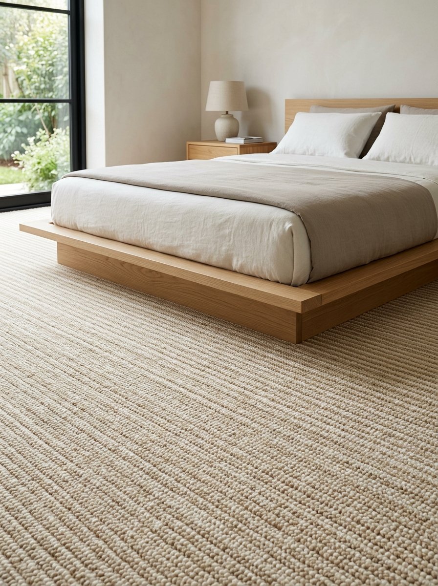 Low wooden platform bed with textured beige rug in a bright modern bedroom.