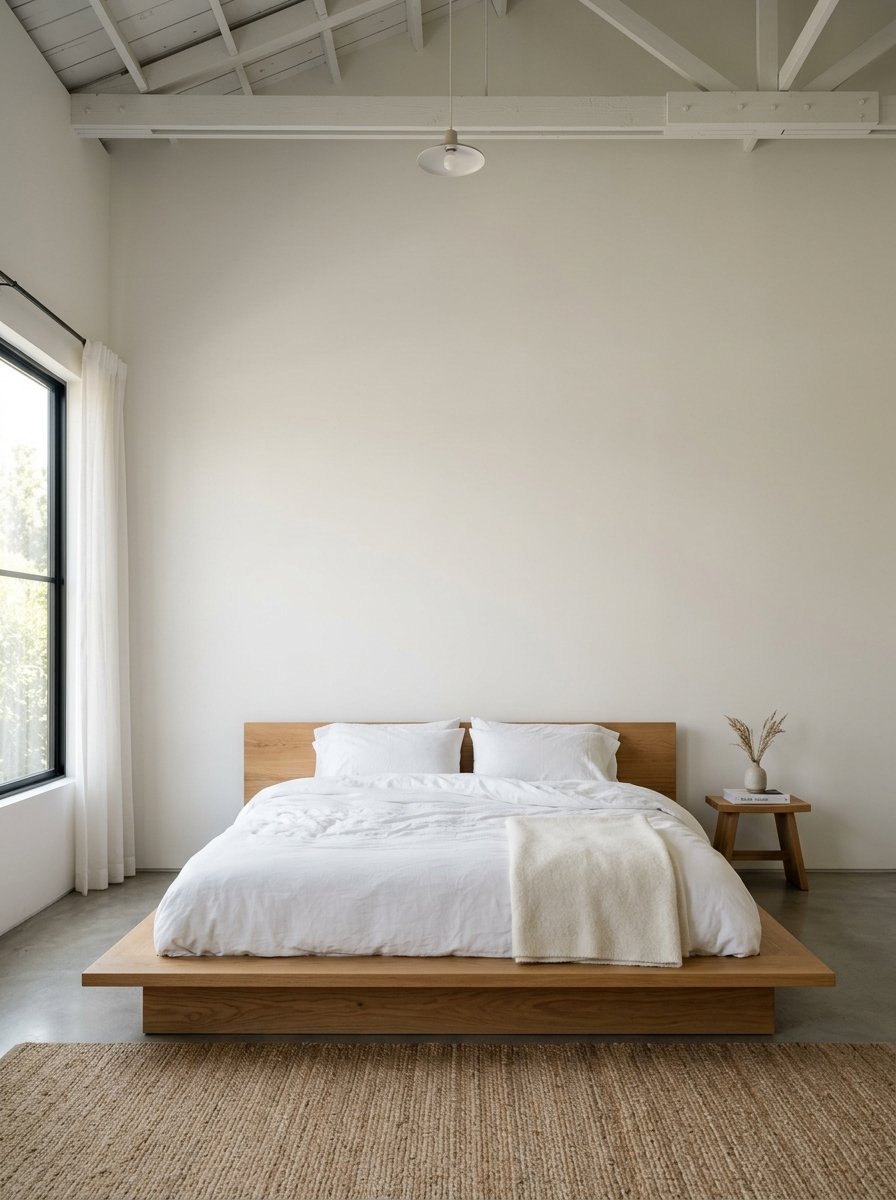 Low oak platform bed with white bedding and a jute rug in a bright, modern room with high ceilings.