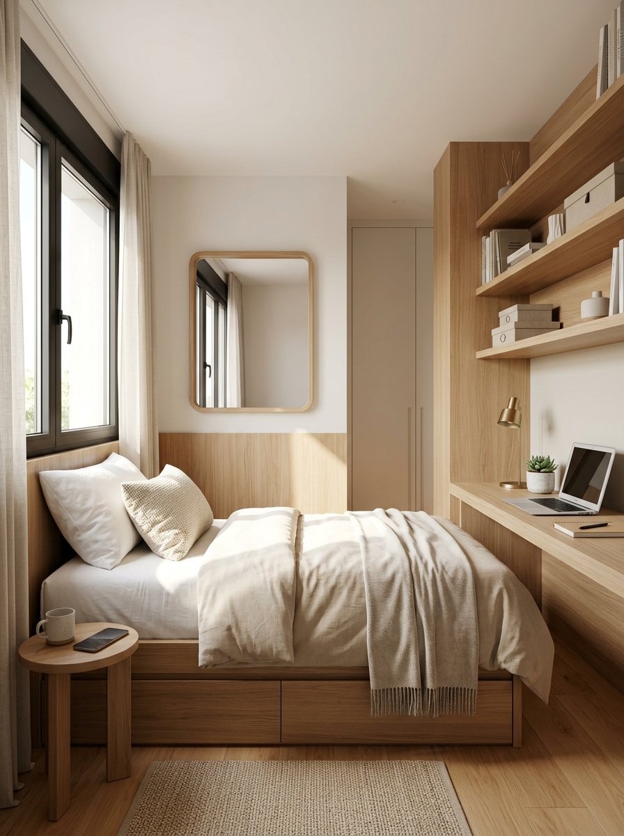 Compact bedroom with light oak furniture, a bed with beige bedding, and a wall-mounted desk under floating shelves.