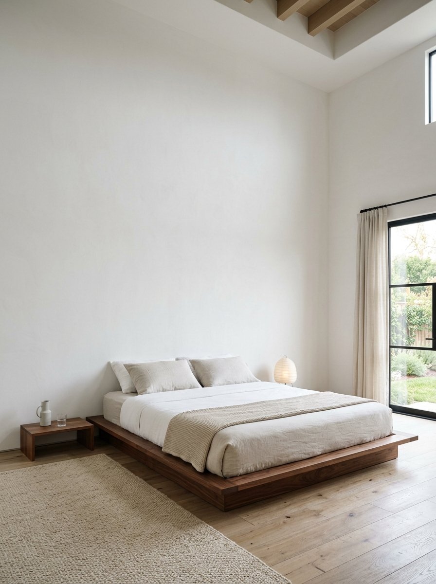 Modern bedroom featuring a wooden platform bed with neutral linen bedding on light oak floors.
