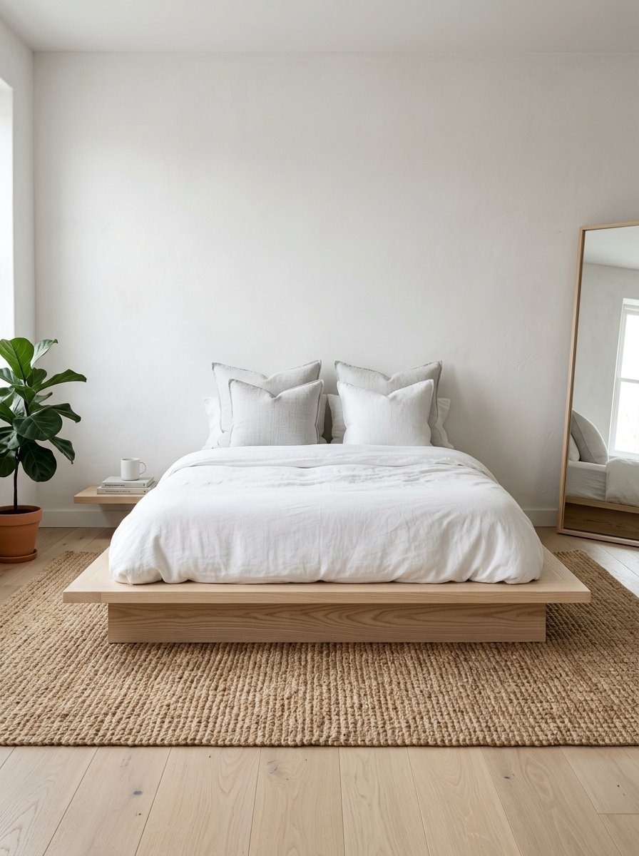 Minimalist bedroom with white linens on a wooden bed frame over a textured jute rug and a large floor mirror.
