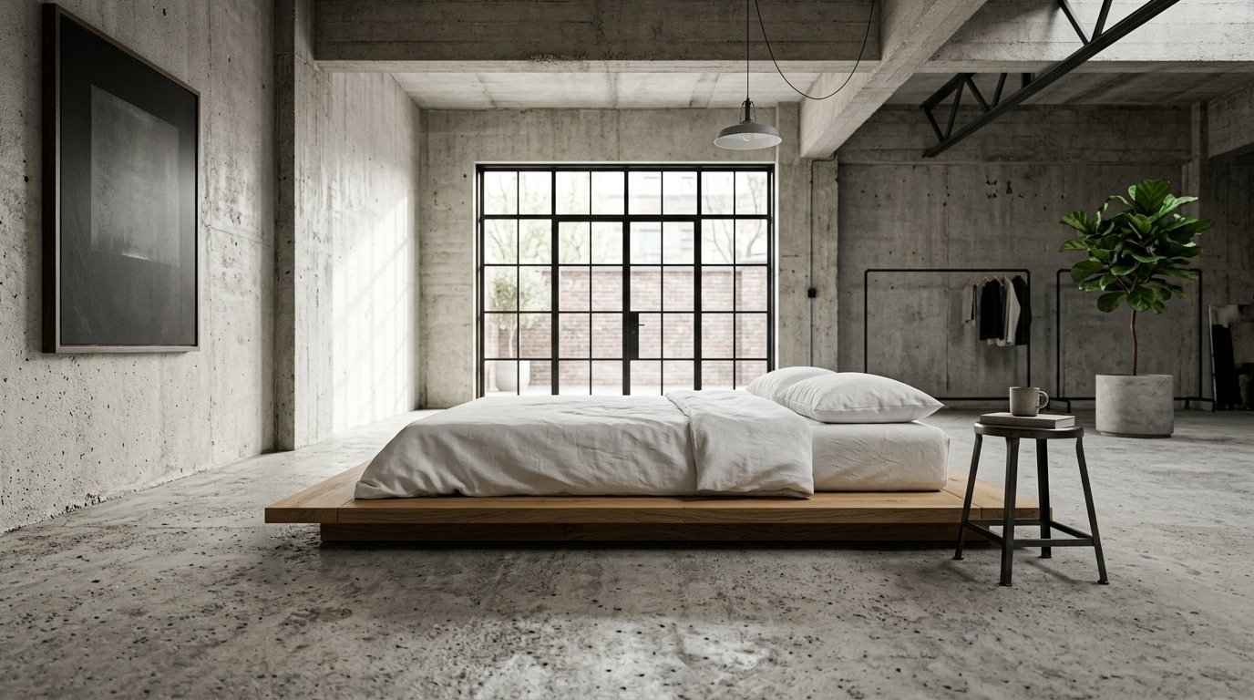 A wooden platform bed with white bedding centered in a spacious loft room with concrete walls and floors.