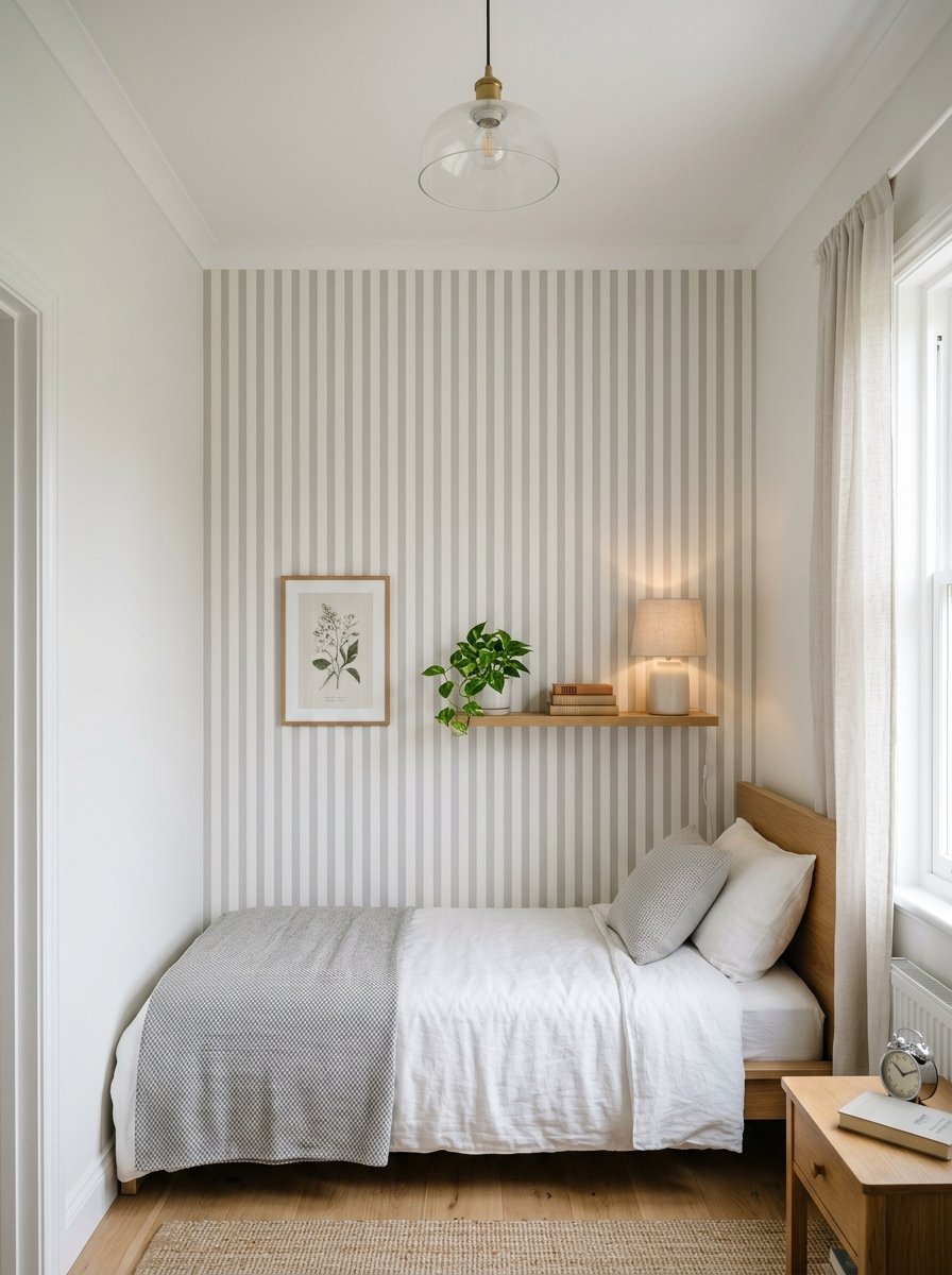 Small bedroom featuring a wood bed frame, striped wallpaper, a floating shelf with a plant, and a glass pendant lamp.