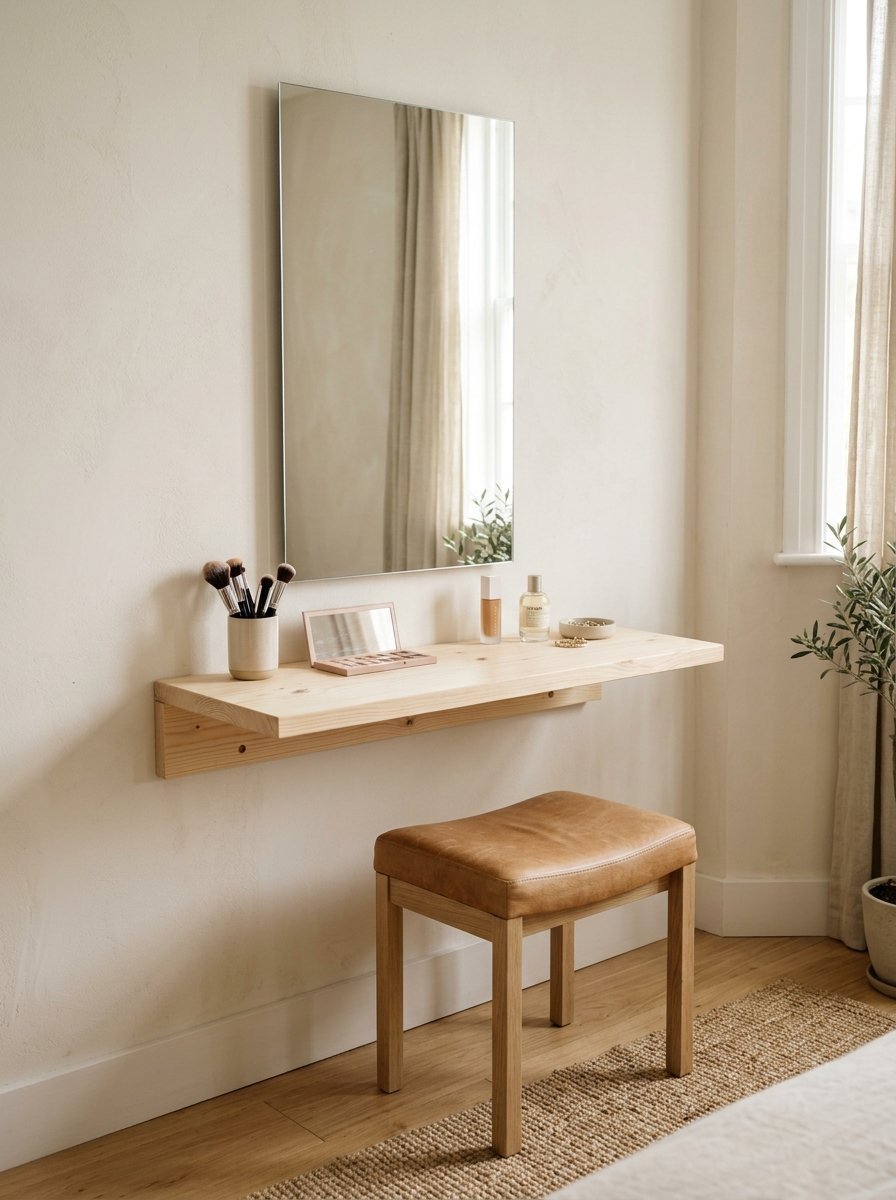 Wall mounted pine makeup station with rectangular mirror and brown leather cushioned stool.