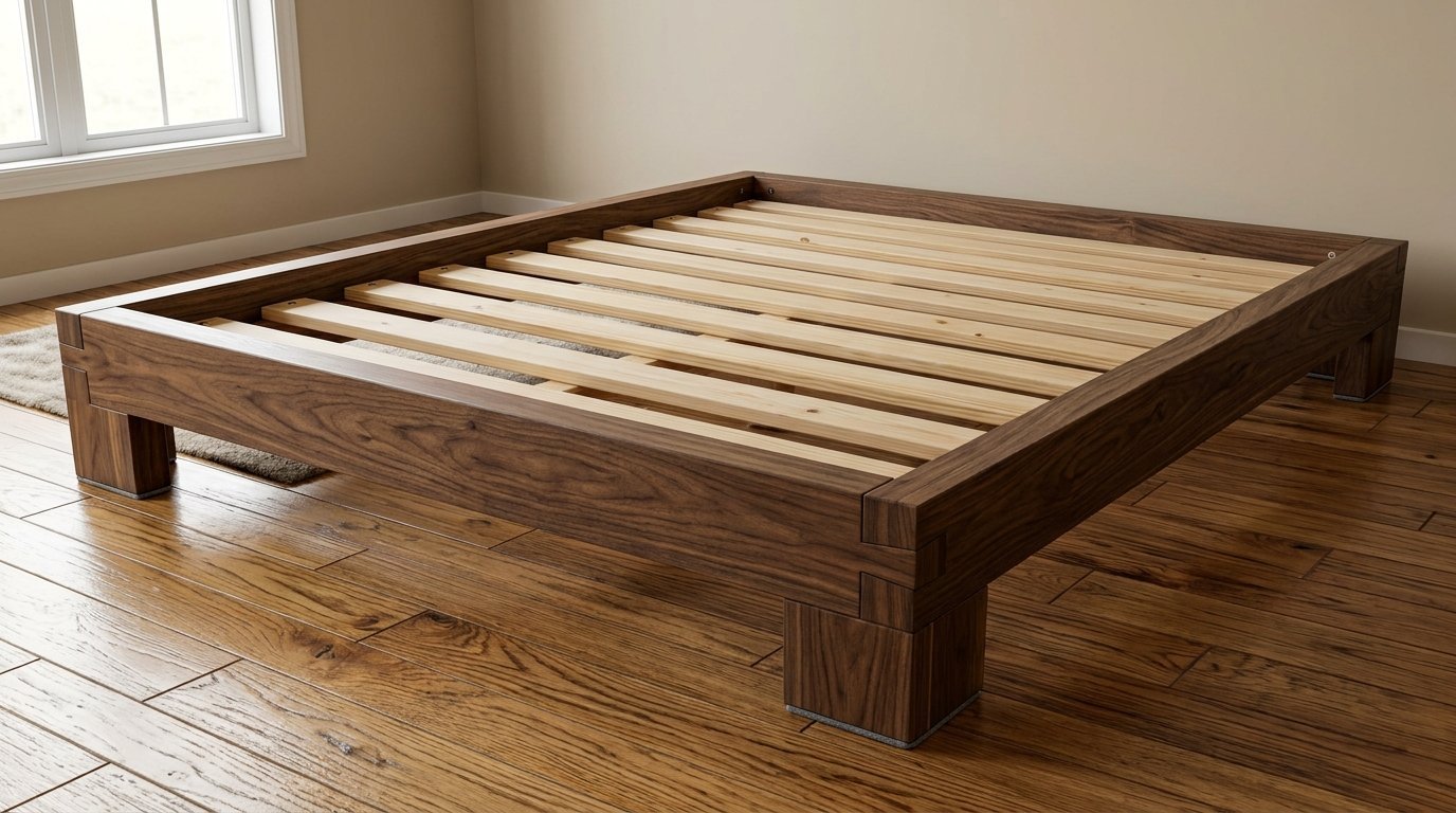 A wooden platform bed frame made of dark walnut with light pine slats sitting on a hardwood floor.