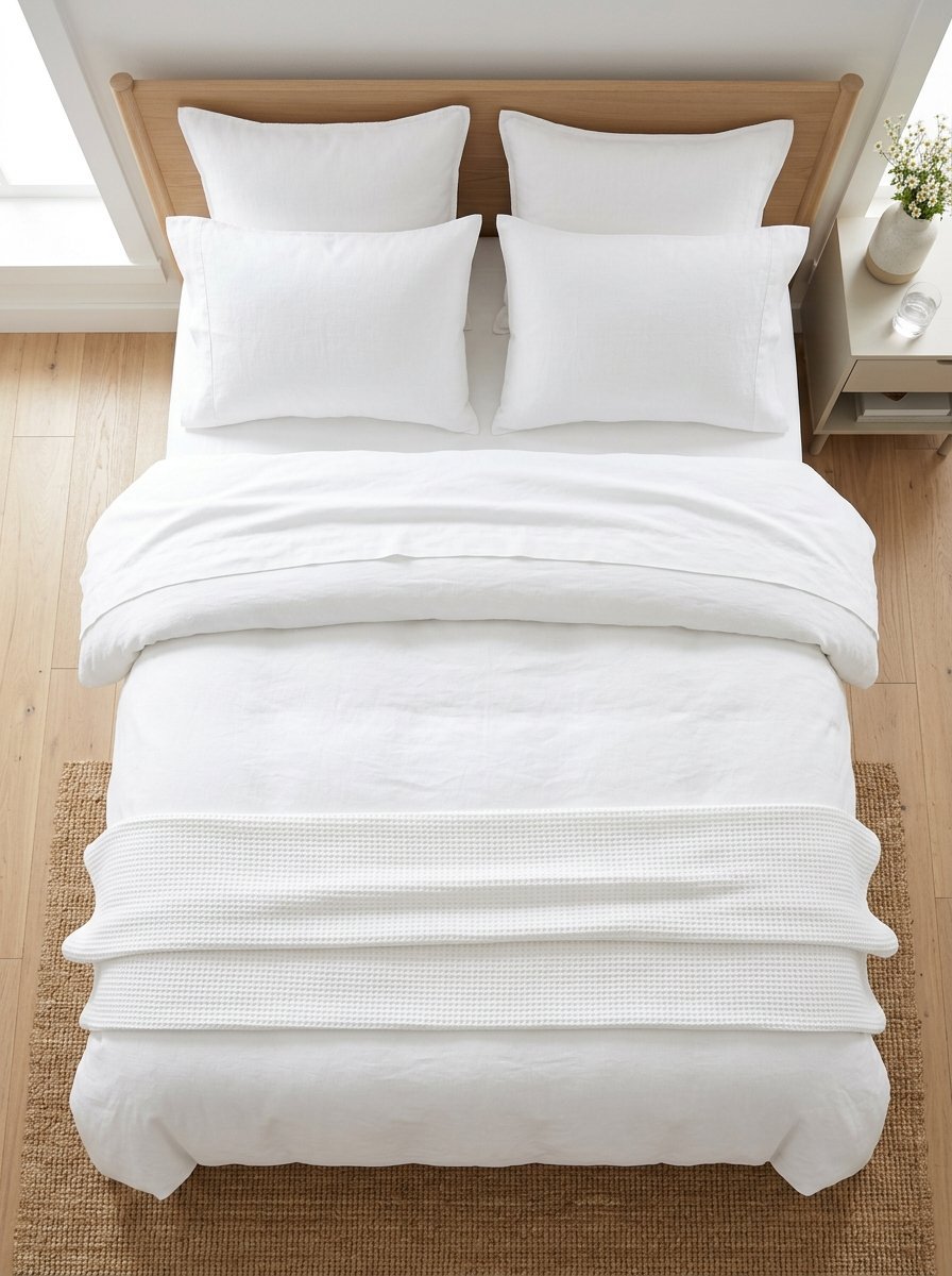 Top-down view of a neatly made bed with white pillows and a waffle-textured throw blanket on a wood floor.