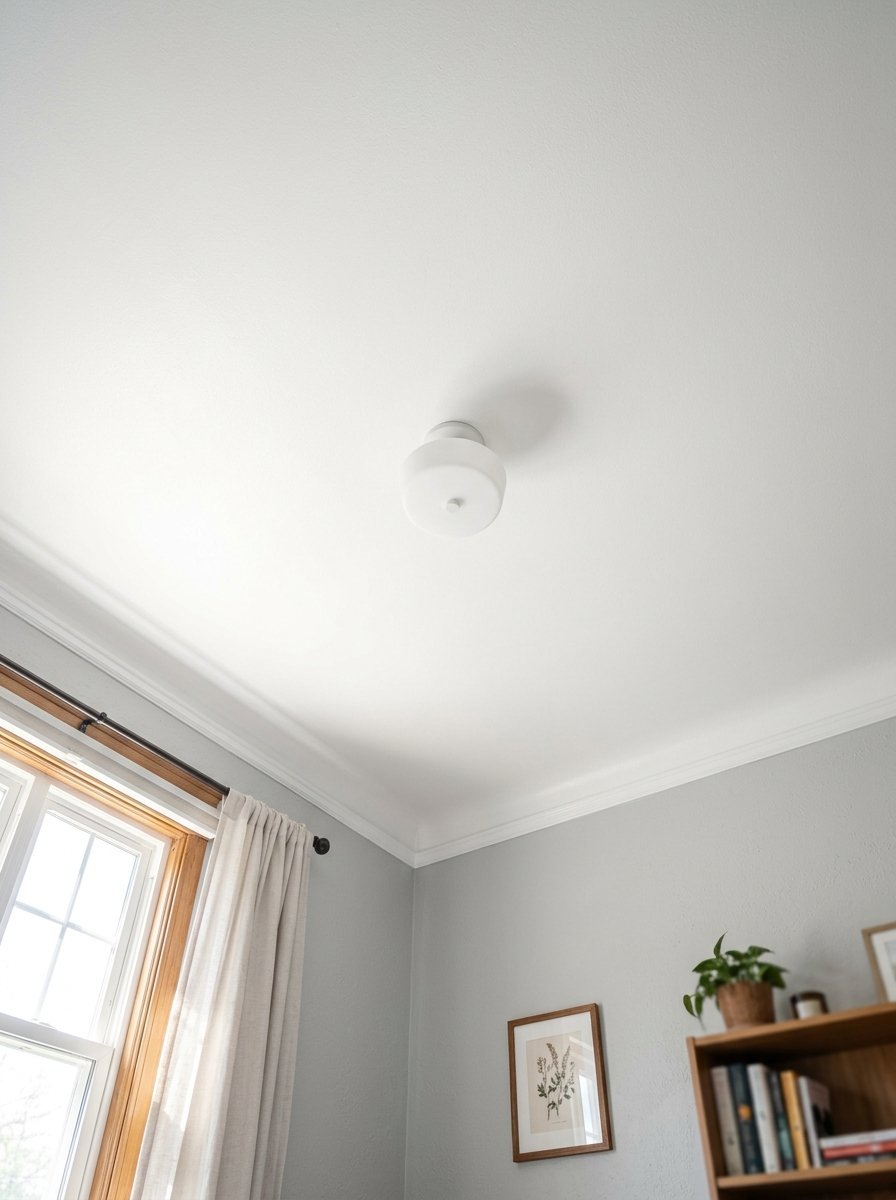 A simple white dome light fixture attached to a white ceiling in a room with light grey walls.