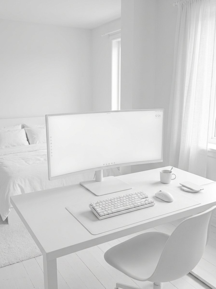 Monochromatic workstation with a wide computer monitor, wireless keyboard, and mouse on a desk in a white bedroom.