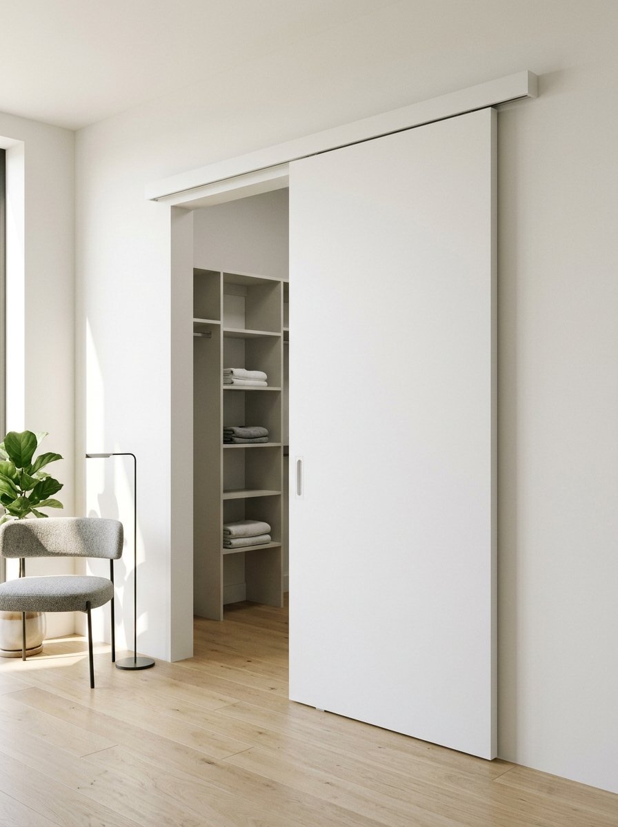 A modern sliding interior door opens to reveal shelves with folded clothes inside a bedroom.