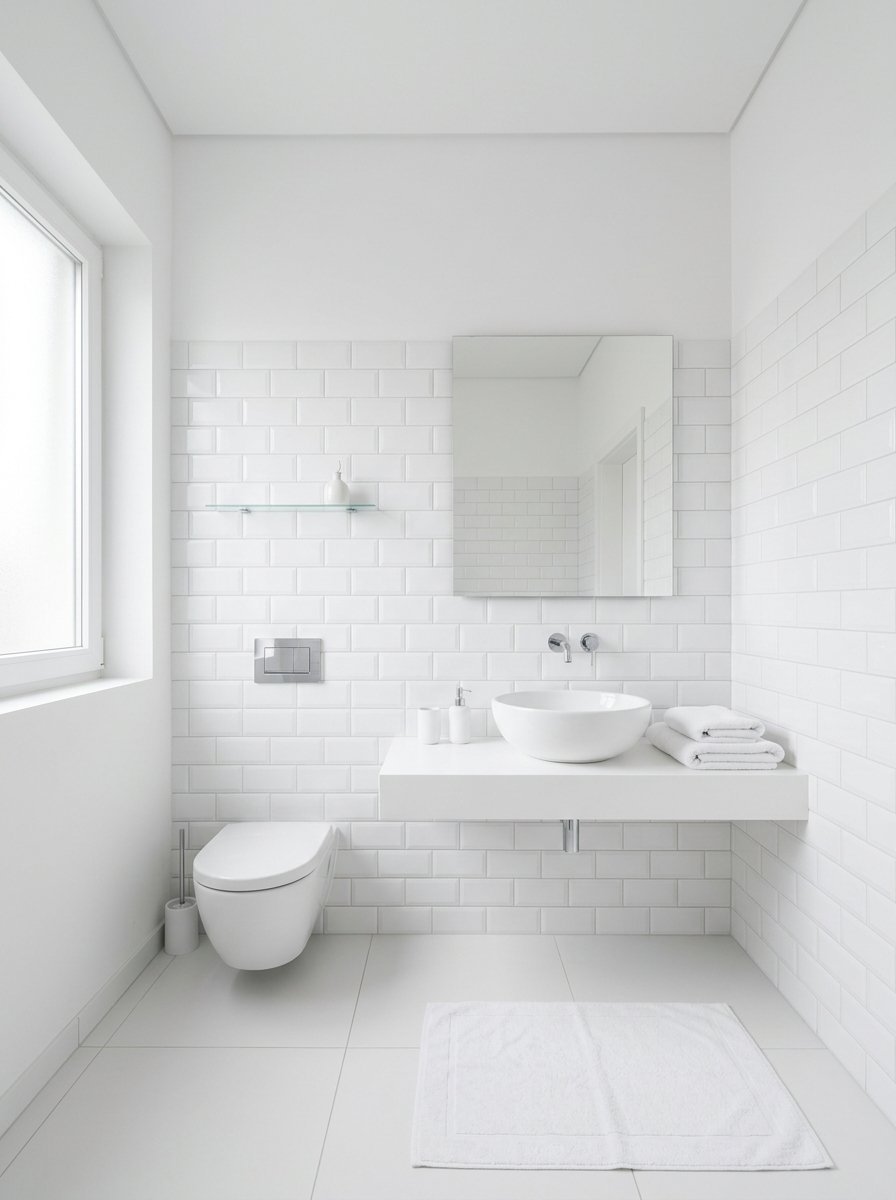 Clean white bathroom with a wall-mounted toilet, vessel sink, and a rectangular mirror on tiled walls.