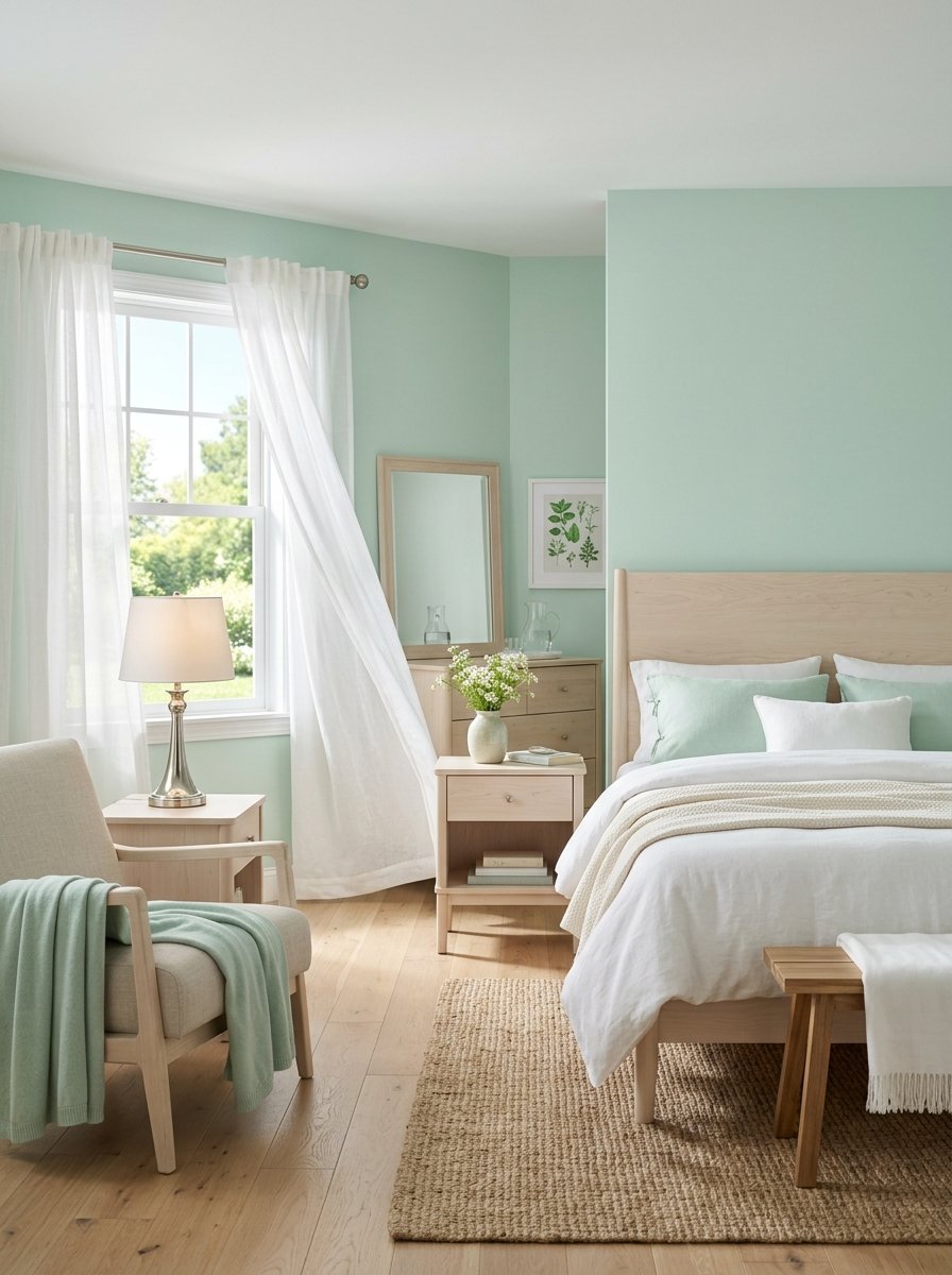 Bright, airy bedroom with mint green paint, light oak wood furniture, and soft white curtains near a window.