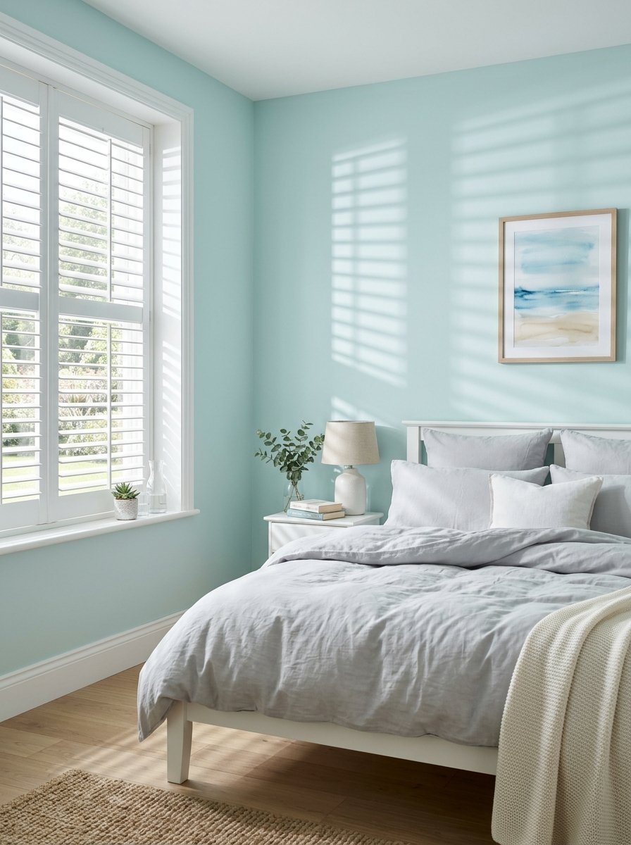 A light blue bedroom with wooden shutters on the window, grey bedding, and a beach watercolor painting on the wall.