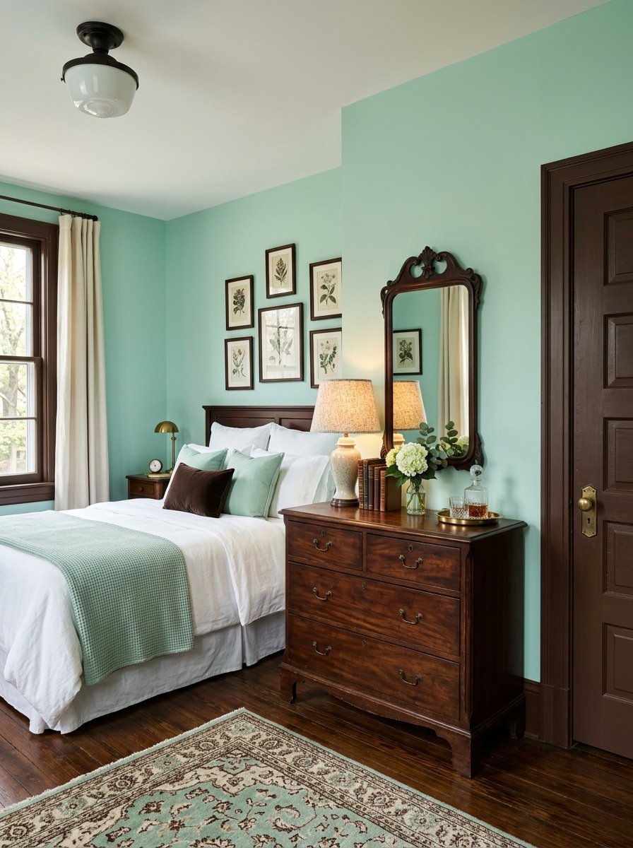 A bedroom with mint green paint, a wooden dresser, framed botanical art, and a vintage rug on dark hardwood floors.