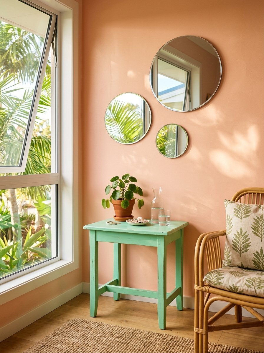 Small mint green wooden table with a potted plant next to a window with peach walls and three round wall mirrors.