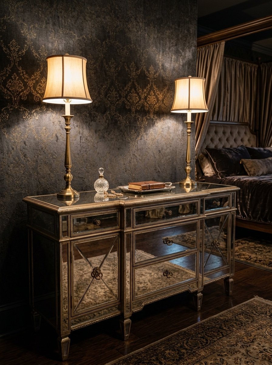 Two elegant lamps glow on a decorative mirrored cabinet in a dark, luxury bedroom setting.