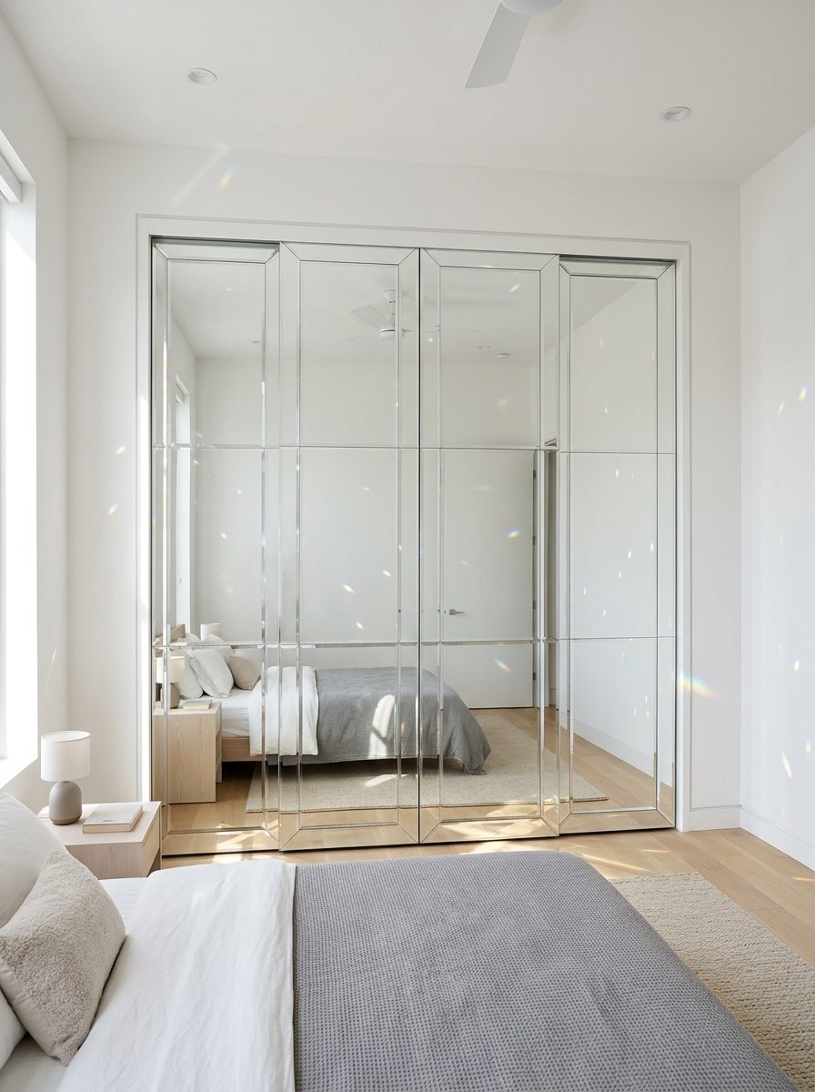 Four-panel wall of mirrored glass sliding closet doors in a bright white bedroom with prismatic light reflections.