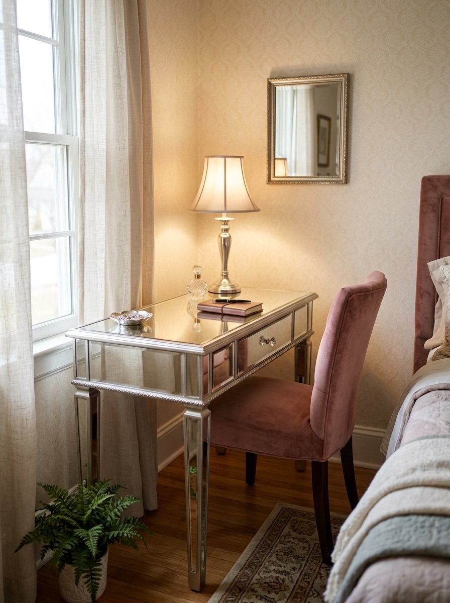 A reflective glass writing desk illuminated by a lamp next to a pink chair in a bedroom corner.