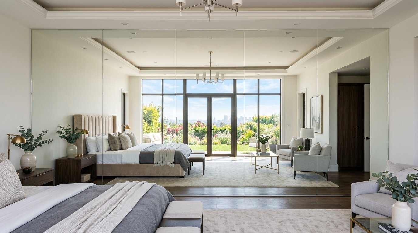 Spacious bedroom with a large mirrored wall reflecting a bed, lounge area, and outdoor garden views.