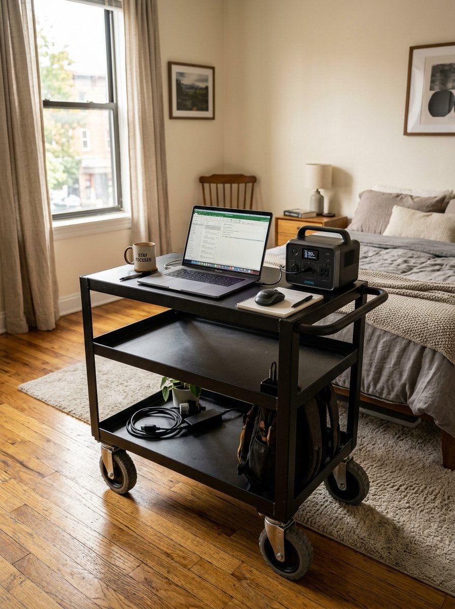Laptop and portable power station on a rolling metal cart in a bedroom with a bed and window.