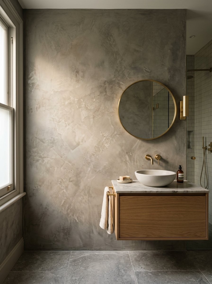 Contemporary bathroom featuring a textured grey plaster wall, marble vanity top, and gold hardware details.