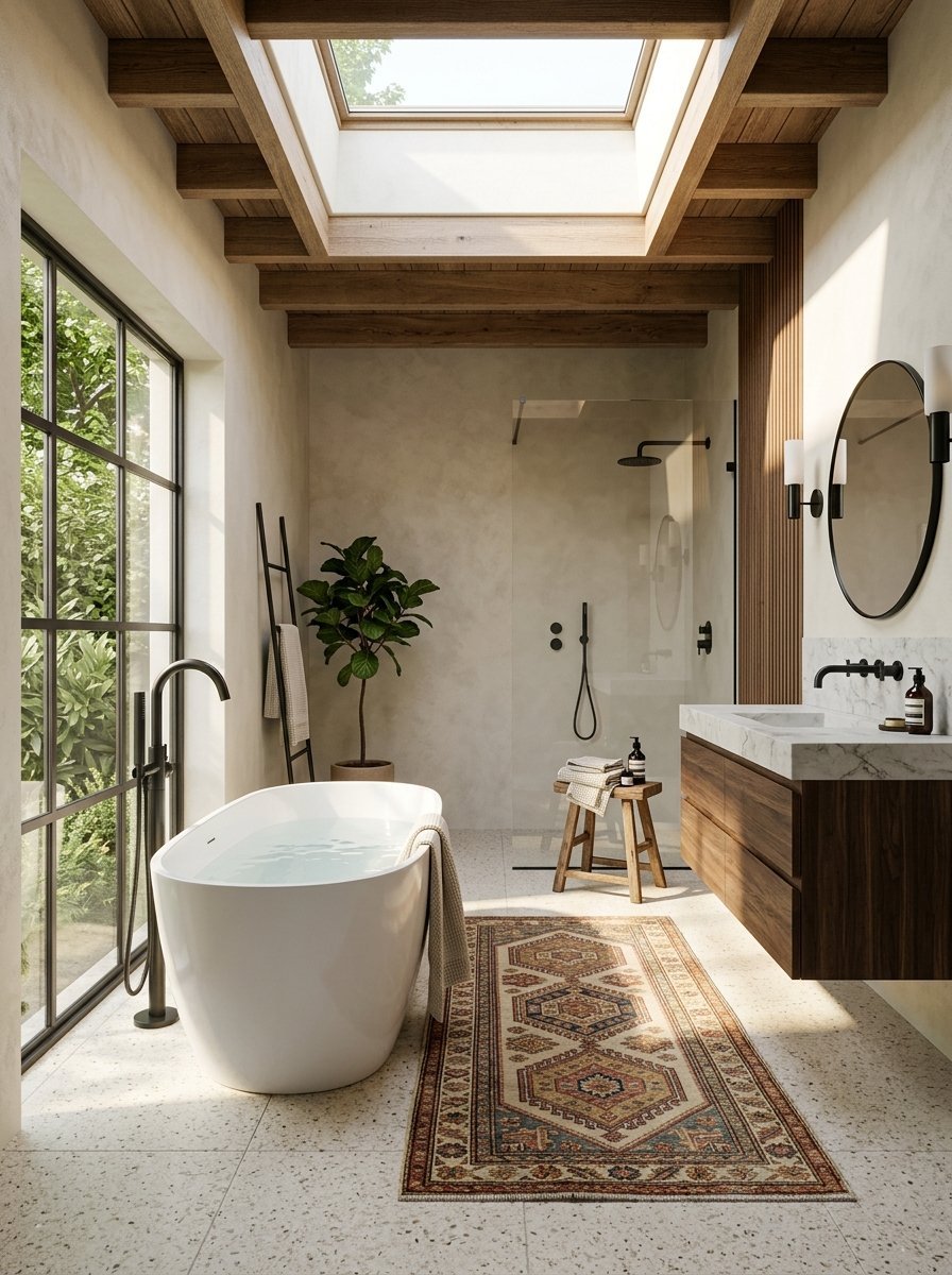 A luxury bathroom with a skylight, soaking tub, wooden vanity, and a vintage patterned rug on terrazzo flooring.