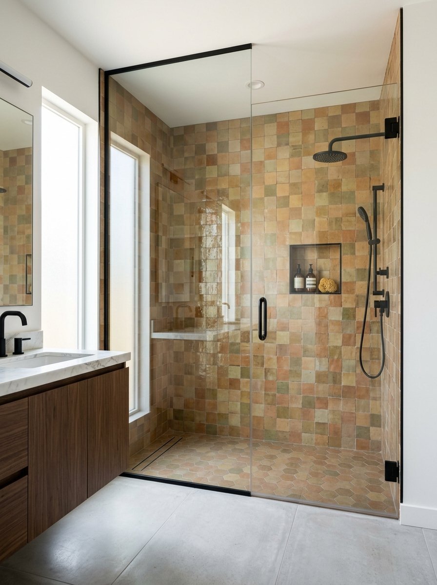 Walk-in shower with glass enclosure, matte black fixtures, and multi-colored square terracotta tiles.