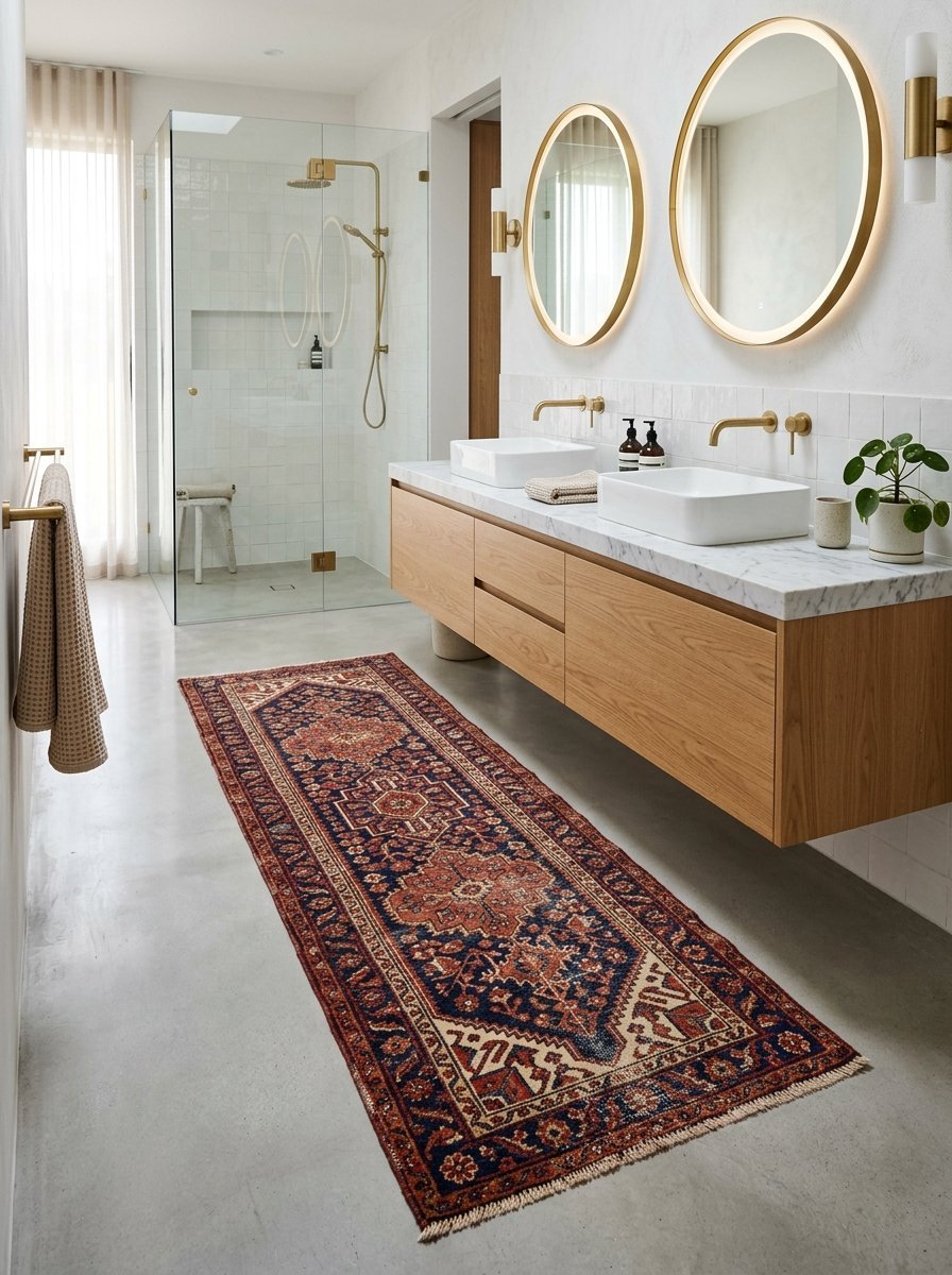 Long rectangular runner rug with deep blue and red patterns on a smooth concrete floor in a bright modern bathroom.