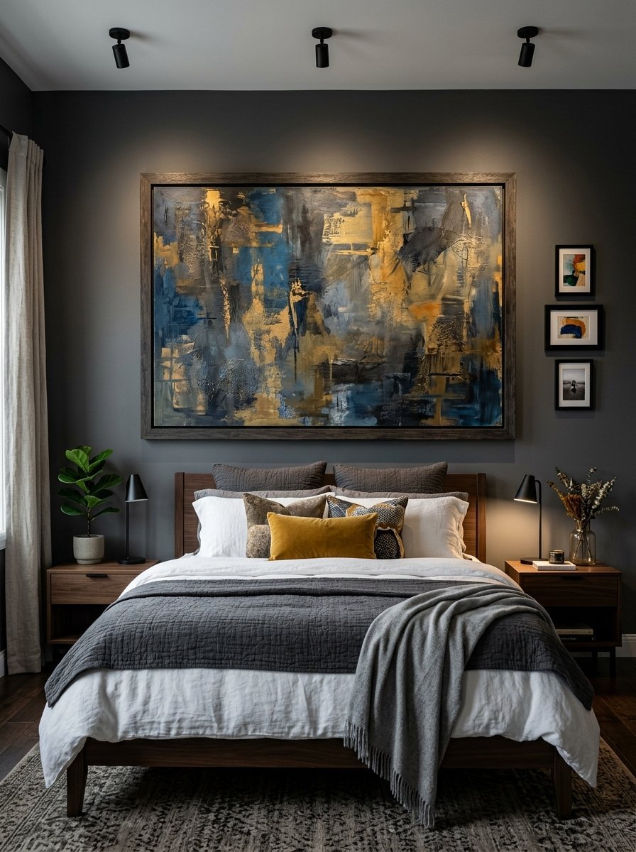 A dark, moody bedroom interior with a large textured abstract art piece hung above a wooden bed frame.