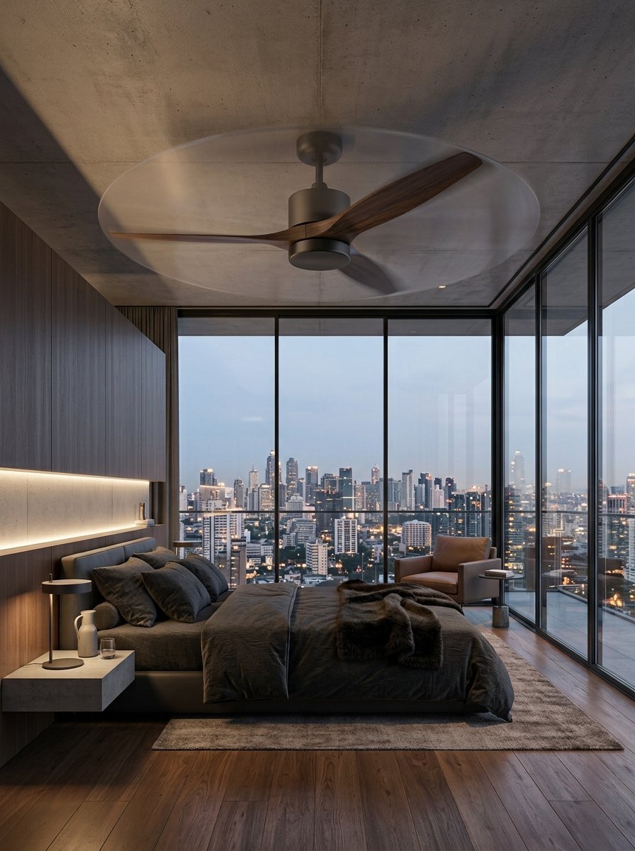 A sleek bedroom overlooking a glowing metropolitan city with floor-to-ceiling windows.