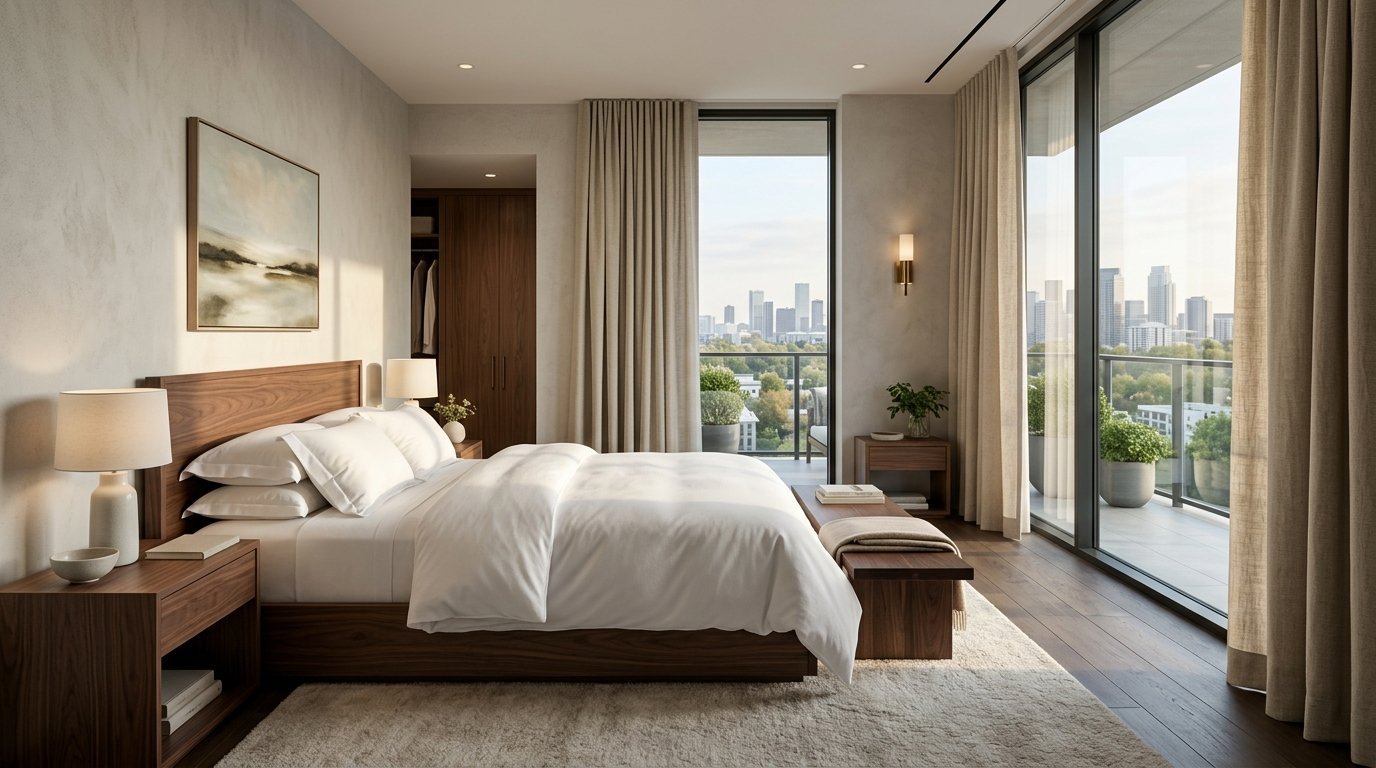 Spacious bedroom with a wooden bed frame, large floor-to-ceiling windows, and an outdoor balcony overlooking a city.