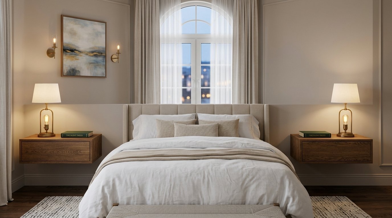 Symmetrical bedroom interior with a white bed, beige walls, and glowing table lamps on wall-mounted wooden shelves.