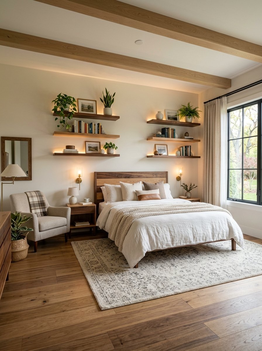 A modern bedroom featuring wooden shelves, a beige armchair, and a bed with neutral linens on a patterned area rug.